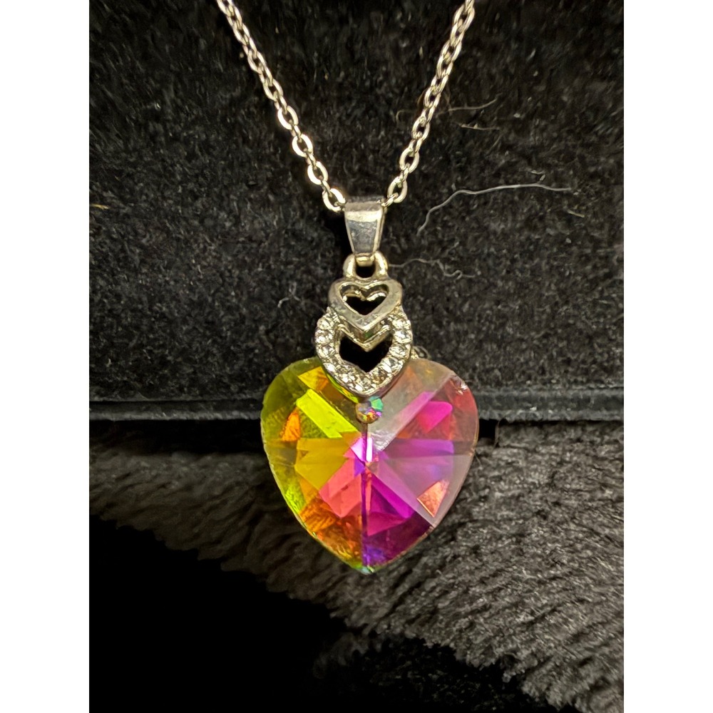 Multi Color Crystal Heart Pendant Necklace Love You Silver Tone Rhinestone